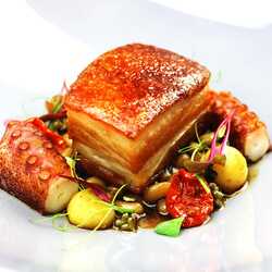 Pork belly & octopus with confited beans and ramson caviar