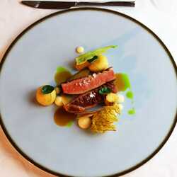 Duck breast with cabbage flavoured dumplings and parsnip